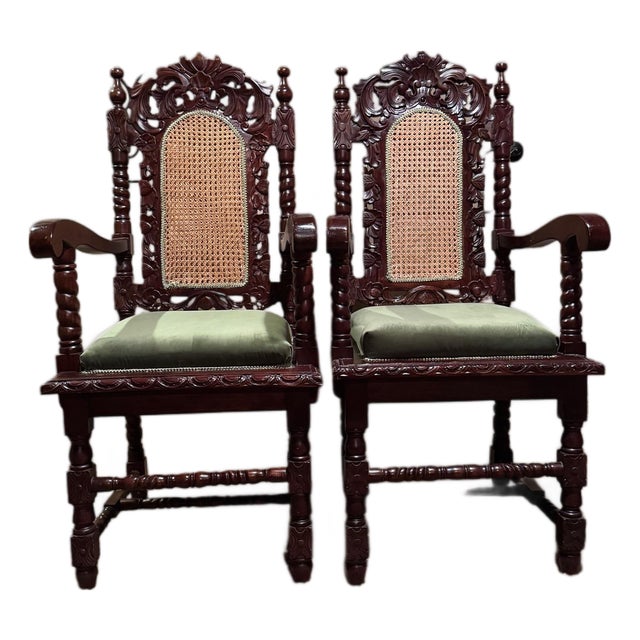 Pair of Antique Carved Mahogany Cane-Back Armchairs, C. 1890–1910 For Sale