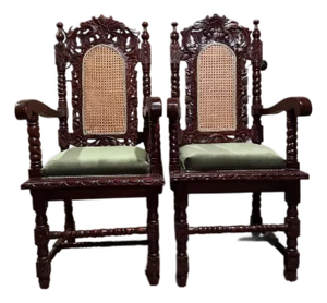 Pair of Antique Carved Mahogany Cane-Back Armchairs, C. 1890–1910