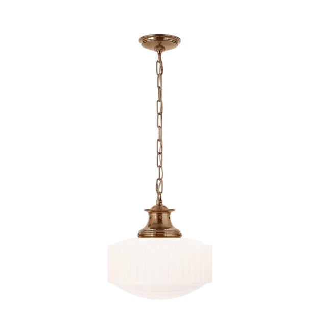 Thomas O'Brien for Visual Comfort Signature Milton Road Flush Mount in Hand-Rubbed Antique Brass With Ribbed White Glass For Sale In Richmond - Image 6 of 18