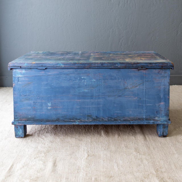 Rustic Blue Painted Cedar Blanket Chest Trunk With Empire C Curved Feet For Sale - Image 12 of 17