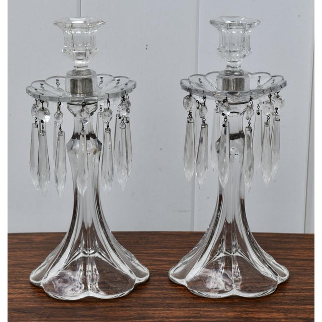 Vintage Art Nouveau Style Pair of Crystal Candlesticks W/Hanging Prisms For Sale - Image 10 of 12