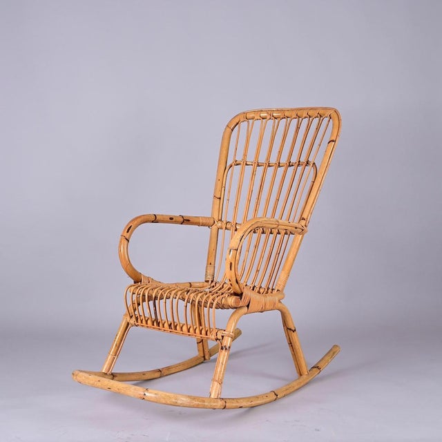 Wood Mid-Century Italian French Riviera Curved Rattan and Bamboo Rocking Chair, 1970s For Sale - Image 7 of 18