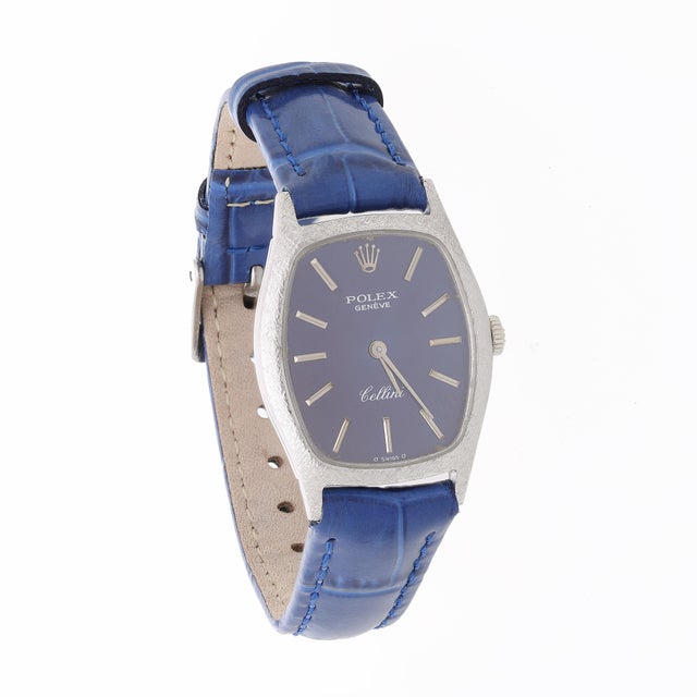 Contemporary Vintage Rolex Cellini Geneve 23mm 18k White Gold Blue Dial Ladies Manual Watch For Sale - Image 3 of 9