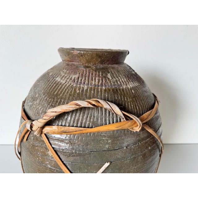 1980s Vintage Rustic Clay and Rattan Vase For Sale - Image 10 of 11