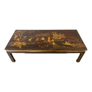 Mid 20th Century Asian-Style Lacquered Coffee Table With Gilt Genre Scenes. For Sale