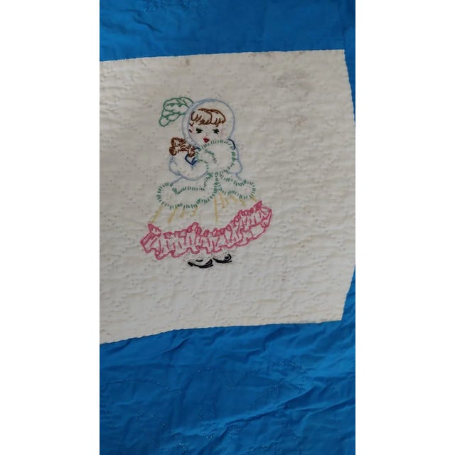 Royal Blue 1940s Vintage Embroidered Quilt For Sale - Image 8 of 12