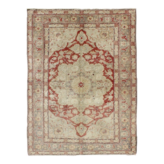 Fine Turkish Oushak Rug With Centre Medallion in Light Red and Ivory For Sale