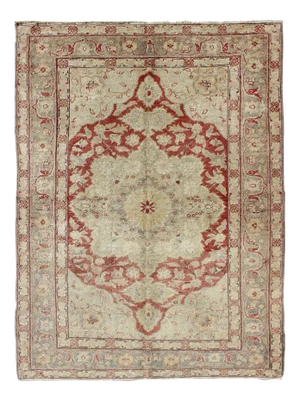 Fine Turkish Oushak Rug With Centre Medallion in Light Red and Ivory
