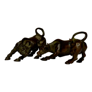 Set Miniature Chinese Qing Dynasty Bronze Water Buffalo Sculptures 19th Century