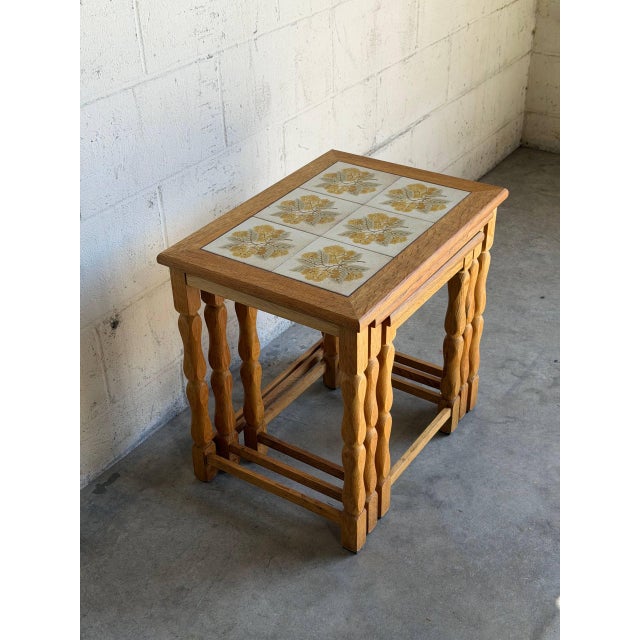 Vintage Oak Tile Top Nesting Tables Set of 3 Denmark Mid-Century Modern 1970s For Sale In Los Angeles - Image 6 of 9