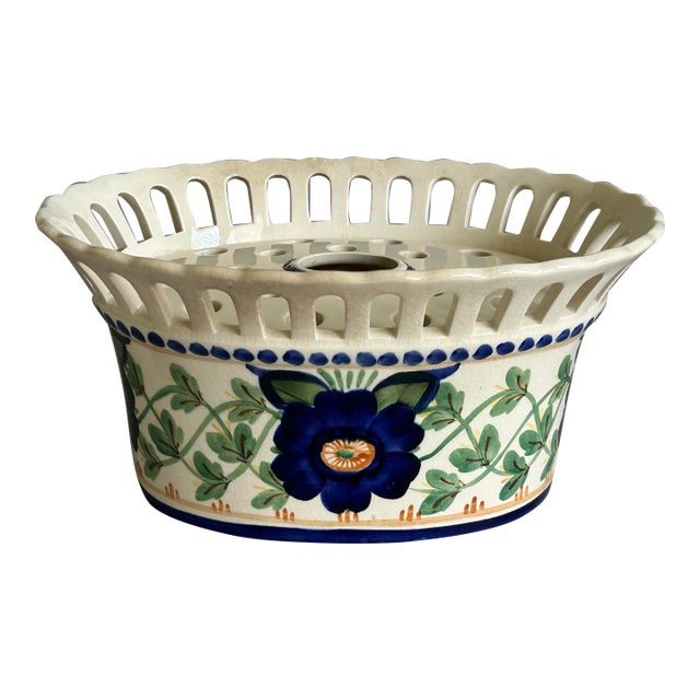 Antique Danish Ceramic Aluminia Faience Jardiniere With Flower Frog Insert For Sale