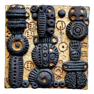 Brutalist Gold-Brown Ceramic Art Wall Tile with Relief Decoration, Germany, 1970s For Sale