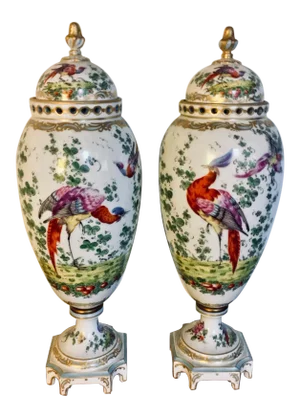 18th Century Chelsea Birds Porcelain Potpourri Urns - a Pair
