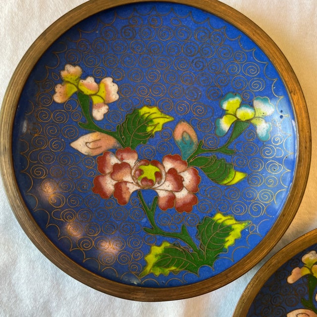 Chinese Mid 20th Century Blue Floral Cloisonné Dishes - a Pair For Sale - Image 3 of 5