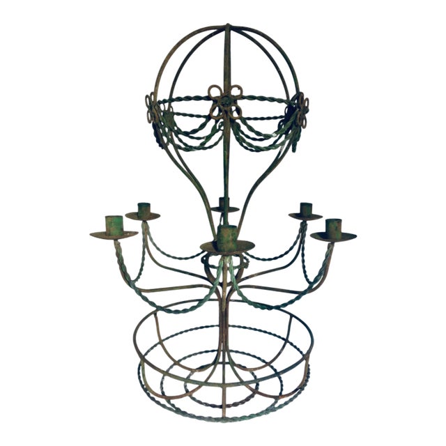 1950's Vintage French Wrought Iron 6 Light Hot Air Balloon Candle Chandelier For Sale