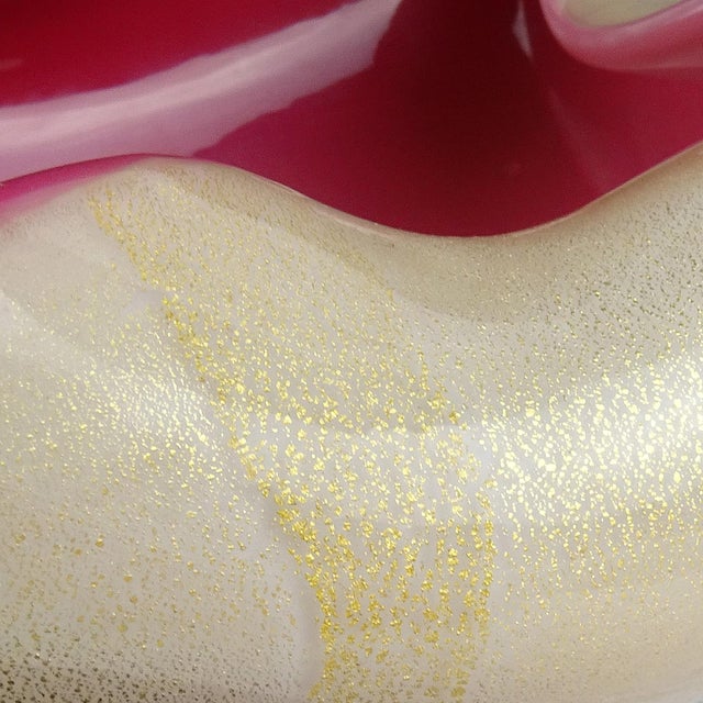 Murano Murano Vintage Seguso Gold Flecks White Deep Pink Italian Art Glass Folded Over Rim Bowl Dish For Sale - Image 4 of 5