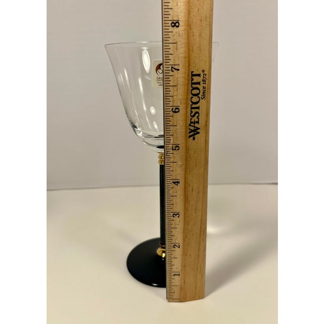 Set of 4 Discontinued Sasaki Tucano Black Stem Gold Accent Lead Crystal Wine Glasses Japan For Sale - Image 4 of 5