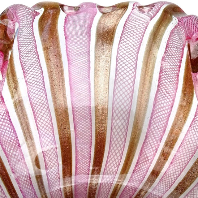 Glass Vintage Murano Fratelli Toso Pink White Copper Aventurine Ribbons Italian Large Art Glass Bowl For Sale - Image 7 of 8