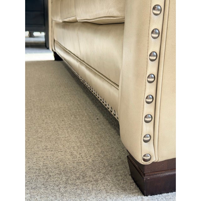 Beige Smith Brothers 393 Beige Leather Three-Seat Sofa With Rolled Arms and Nailhead Trim For Sale - Image 8 of 10