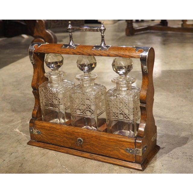 19th Century 3-Bottle English Oak and Silver Plated Locking Decanter Set For Sale - Image 18 of 18