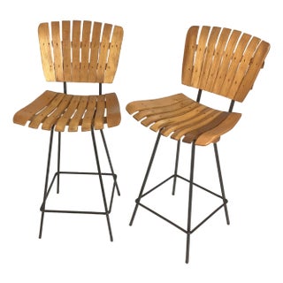 Pair Mid Century Slatted Bar Stools in the Style of Arthur Umanoff For Sale