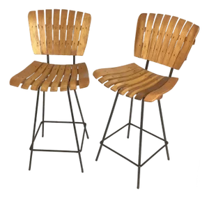 Pair Mid Century Slatted Bar Stools in the Style of Arthur Umanoff