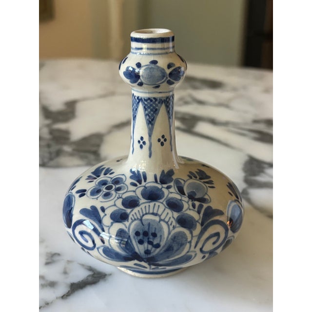 Blue Petite Mid-Century Delftware Blue & White Hand Painted, Single Flower Vase For Sale - Image 8 of 11