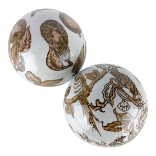 Large Vintage Chinoiserie Porcelain Carpet Balls Brown White Floral Birds Fruit For Sale