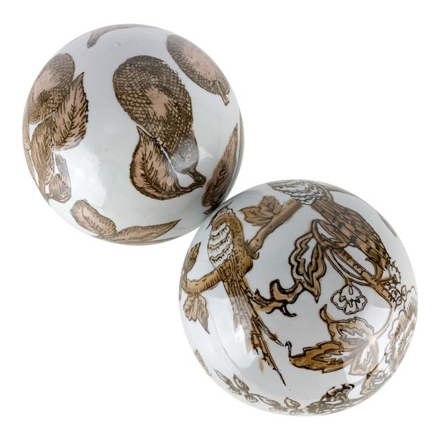 Large Vintage Chinoiserie Porcelain Carpet Balls Brown White Floral Birds Fruit For Sale