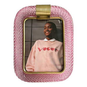 Mid-Century Modern Style Pink "Torchon" Murano Glass Small Picture Frame and Brass in Barovier Style