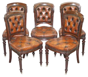 Chesterfield Brown Leather and Hardwood Dining Chairs, Set of 5