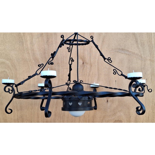 Rustic Vintage Chandelier in Black Wrought Iron with Wax Candle Holders and Electric Light Bulb, 1970s For Sale - Image 3 of 9