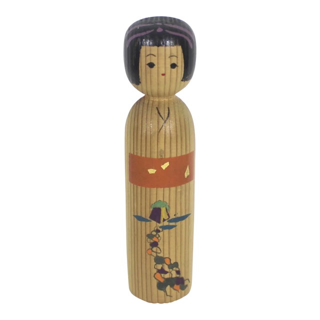 Vintage Japanese Wood Kokeshi Doll Hand Painted and Signed For Sale