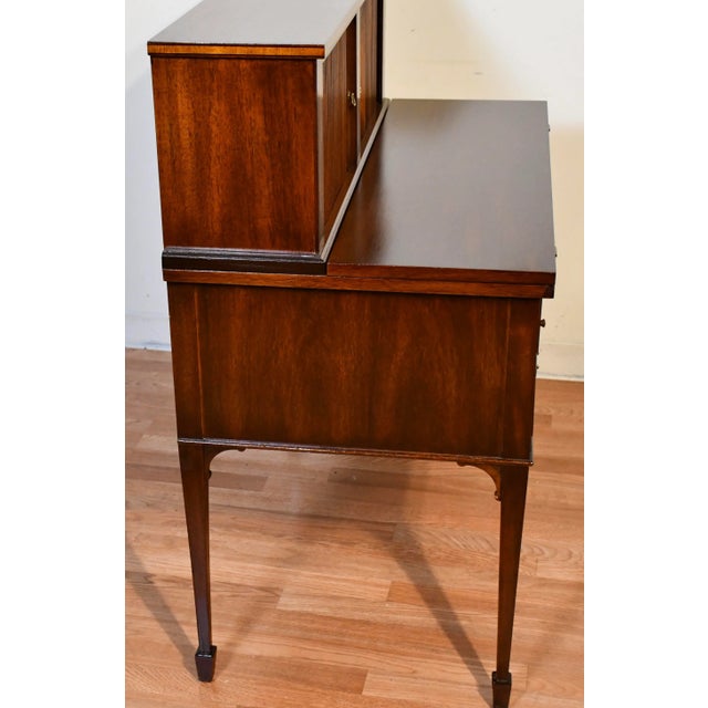 1920 Antique English Edwardian Mahogany Inlaid Secretary / Tambour Writing Desk For Sale - Image 12 of 13