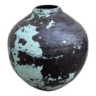 Antique Mexican Tinaja Water Jar With Peeling Celadon Paint, Oaxacan Folk Pottery, C. Early 20th Century For Sale