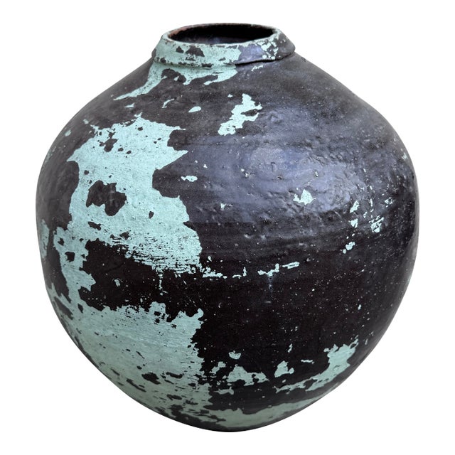 Antique Mexican Tinaja Water Jar With Peeling Celadon Paint, Oaxacan Folk Pottery, C. Early 20th Century For Sale
