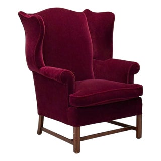 Georgian, Aubergine Mohair, Stained Wood, Wingback Chair, England, 1970s For Sale