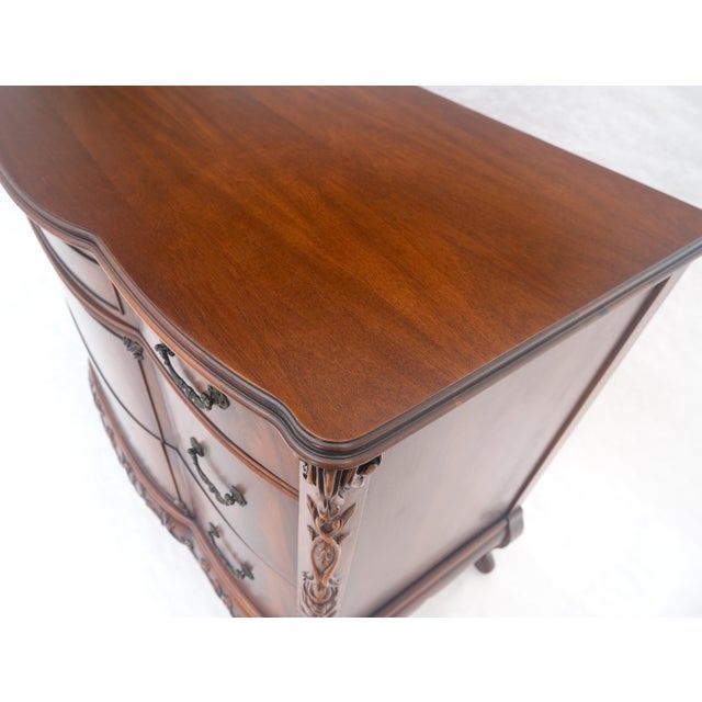 Brown Flame Mahogany Bow Front Claw Feet 3 Drawers Dresser Chippindale Style MINT For Sale - Image 8 of 18