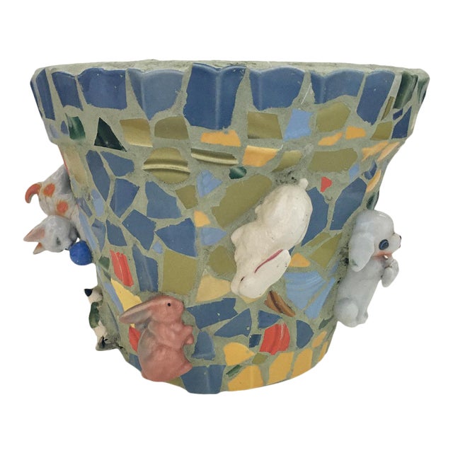 Large Mosaic Flower Pot With Ceramic Animals Chairish