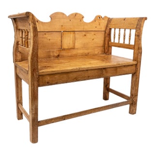 Mid 19th Century Antique Gustavian Pine Hall Bench With Turned Spindles For Sale