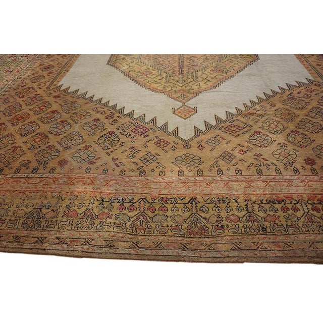 1890s Antique Square Ivory Hand Knotted Medallion Tribal Turkish Oushak Wool Rug For Sale - Image 10 of 16