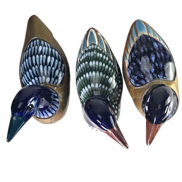 Tonala Brass Duck Figurines Talavera Mexican Folk Art Set of 3 For Sale - Image 9 of 11