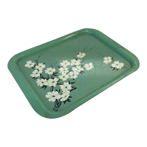 Vintage 1960s Painted Metal Tray With Cherry Blossom Design