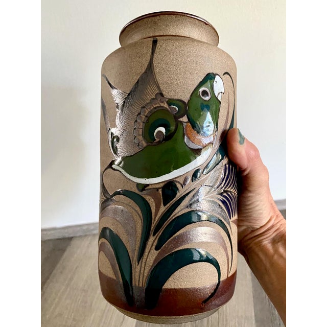 Sandstone pottery Late 1970s-early 1980s Parrot and leaves Peacock feather Rarer green enameling