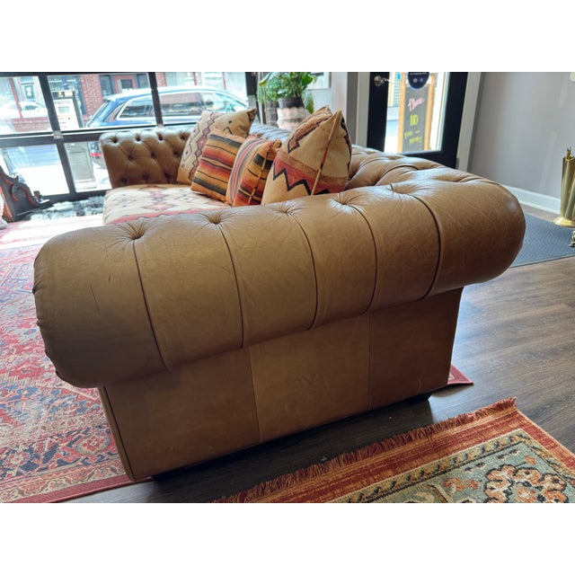 Brown Pair of Vintage Chesterfield Style Leather Sofas With Kilim Fabric Cushions For Sale - Image 8 of 15