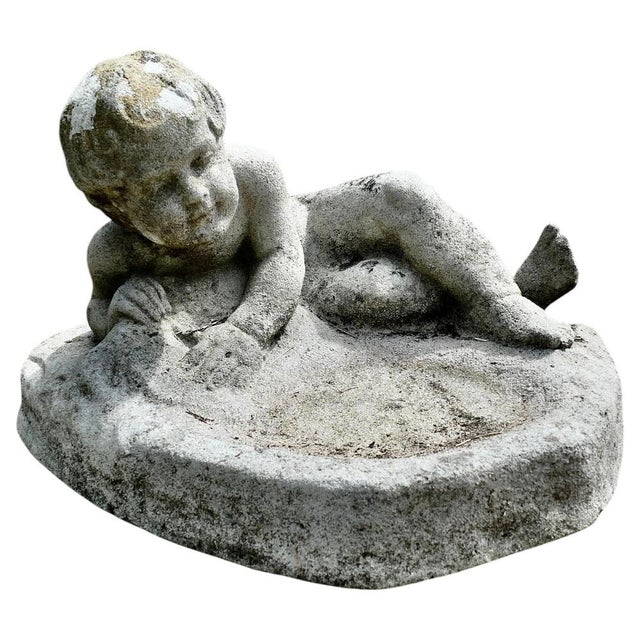 Gray Garden Bird Bath with Small Child Feeding the Birds, 1950 For Sale - Image 8 of 8