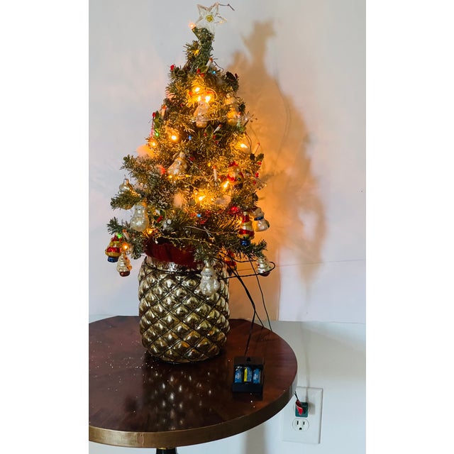 Fabulous Vintage 17” Small Christmas tree with miniature ornaments, wit. battery operated lights and plug in lights, cute...