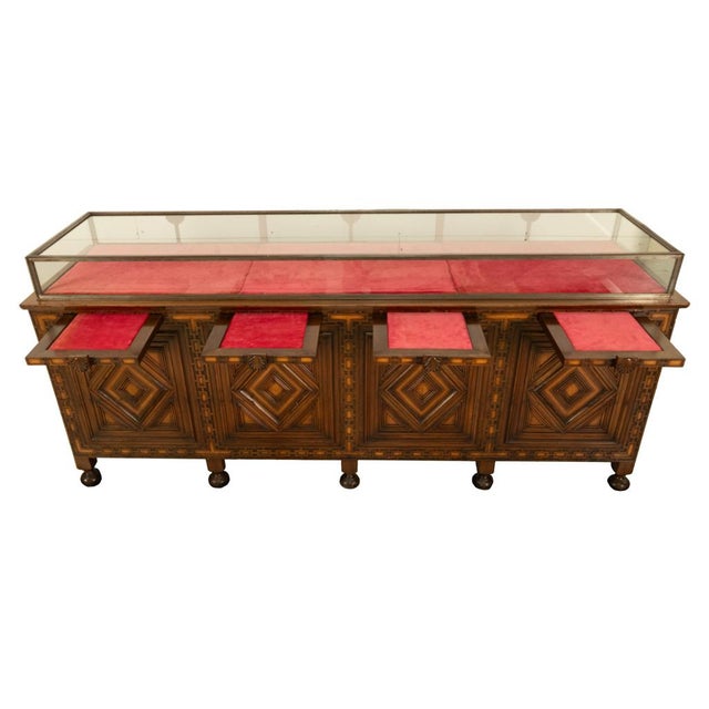 1920s Antique Art Deco Jewelry Store Display Case Counter Walnut Bronze Glass 1920 For Sale - Image 5 of 18