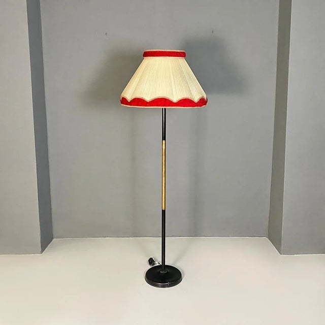 Mid-Century Italian Modern Metal and Brass Floor Lamp with Beige and Red Fabric Shade, 1940 For Sale - Image 3 of 12