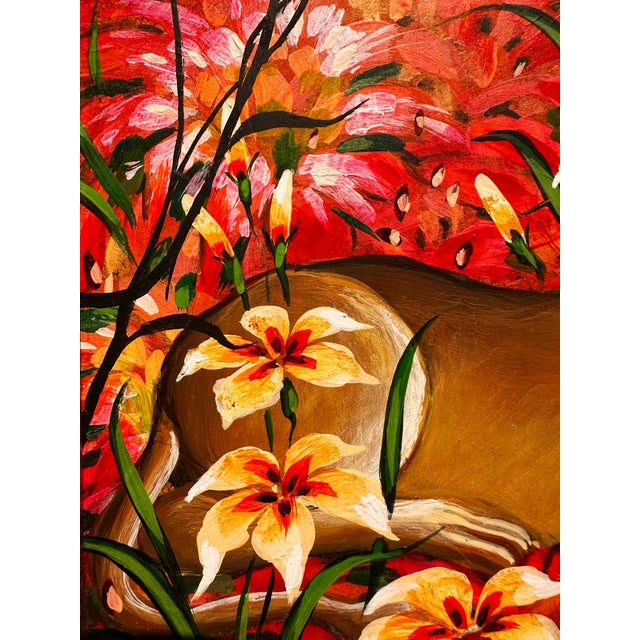 Gustavo Novoa's 'His' painting is a compendium of Primitive and Surrealism styles. This piece is unique in its bold color...
